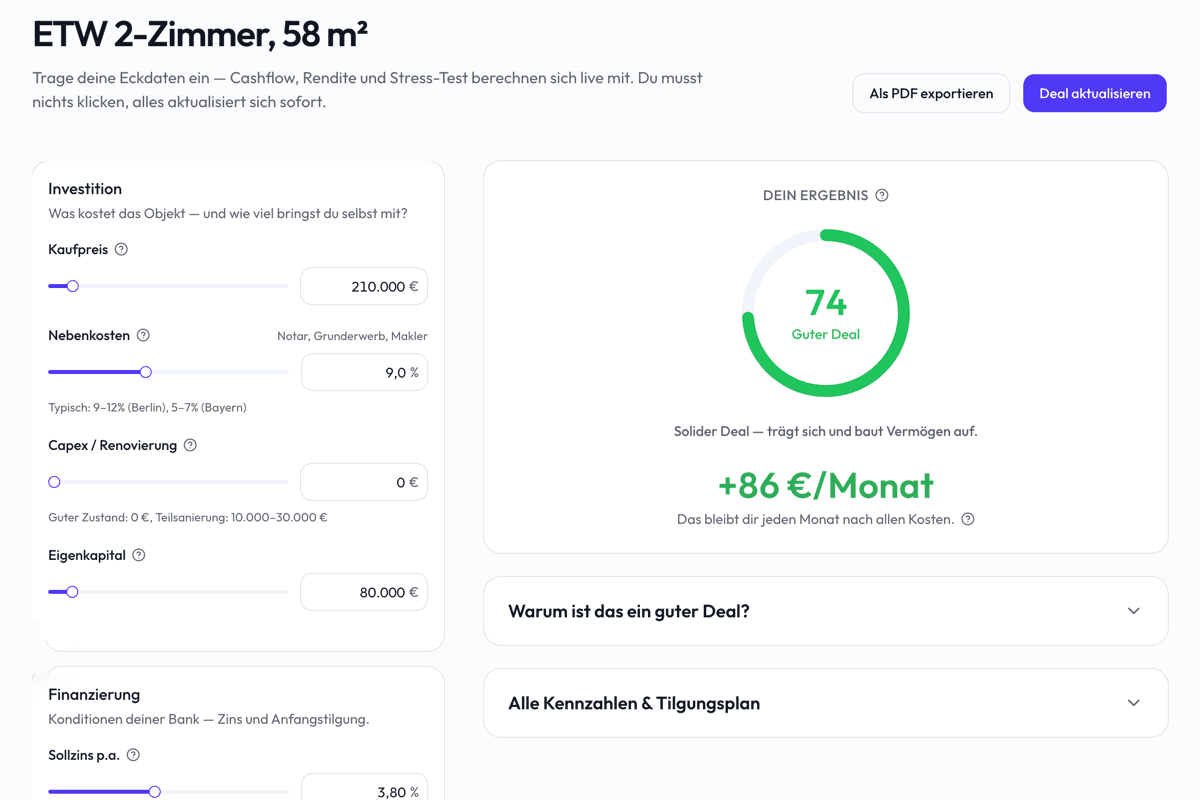 Der Rechner mit Eingabefeldern und live aktualisierten Kennzahlen